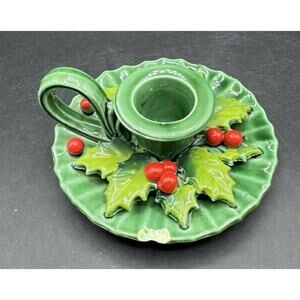 Vintage Holt Howard Christmas Candlestick Candle Holder Holly Berries -CH2
